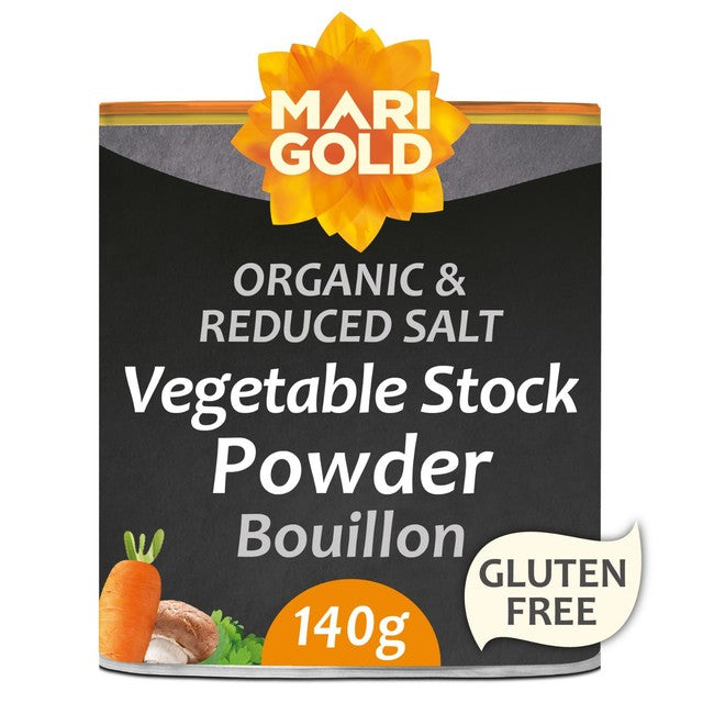 Marigold Health Foods organic vegan bouillon powder reduced salt 140g, imported from the UK
