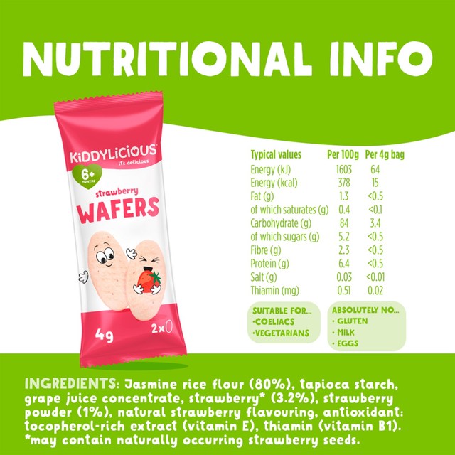 Kiddylicious Strawberry Mini Wafers Baby Snack 4 x 4g, UK version