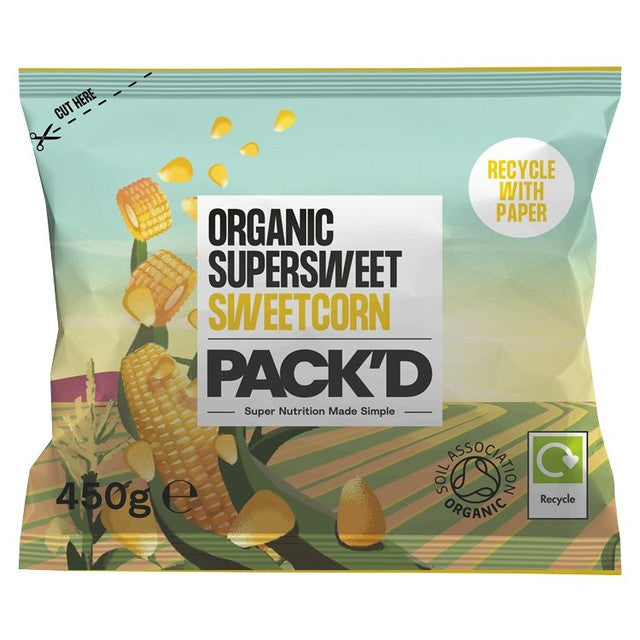 Pack'd Organic Super Sweet Sweetcorn frozen 450g, imported from the UK