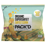 Pack'd Organic Super Sweet Sweetcorn frozen 450g, imported from the UK
