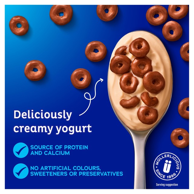 Muller Corner toffee yogurt with chocolate hoops 124g, imported from the UK