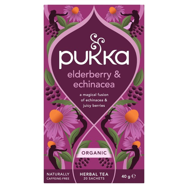 Pukka Herbs Elderberry and Echinacea fruit tea 20 compostable tea bags, imported from the UK