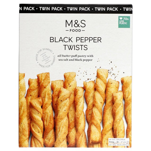 M&S Black Pepper Puff Pastry Twists 250g, imported from the UK