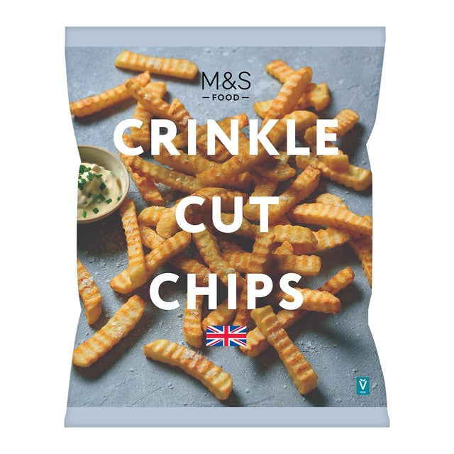 M&S crinkle cut frozen chips 1kg, imported from the UK