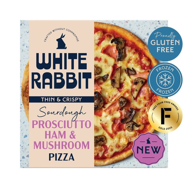 White Rabbit gluten free sourdough prosciutto ham and mushroom pizza 401g (British brand)