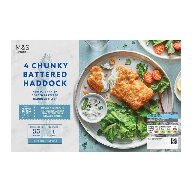 M&S battered chunky haddock fillets 600g, imported from the UK