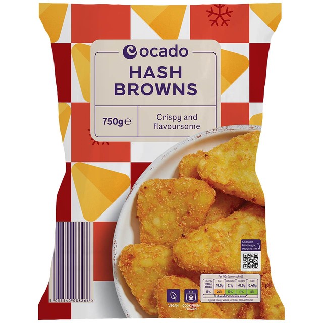 Ocado frozen hash browns 750g, imported from the UK