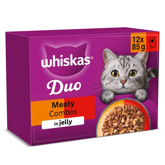 Whiskas Duo Meaty Combos cat food pouches 12 x 85g (British brand)