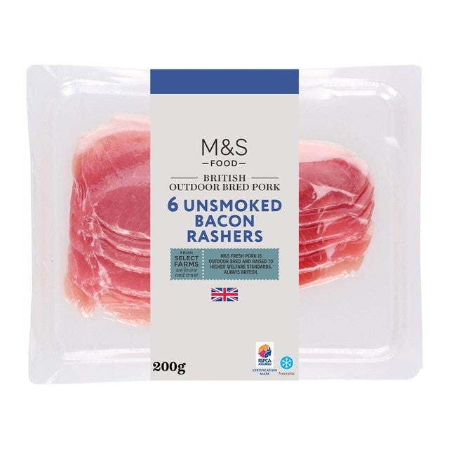 M&S unsmoked bacon rashers 200g, imported from the UK