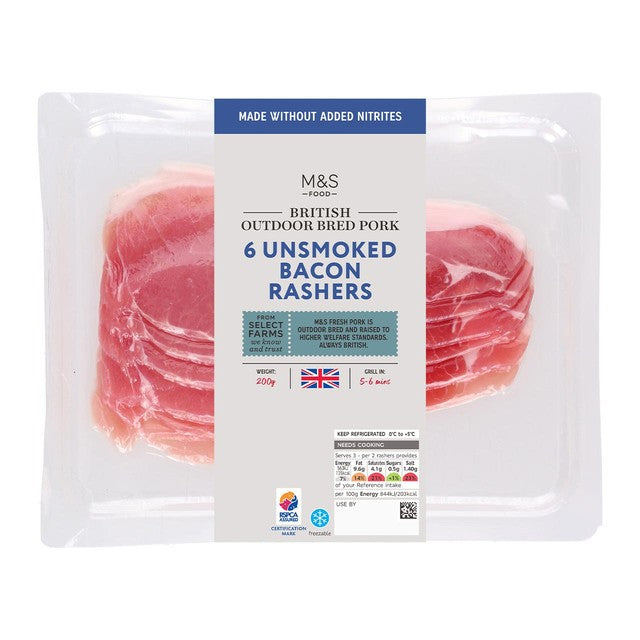 M&S unsmoked bacon rashers 200g, imported from the UK