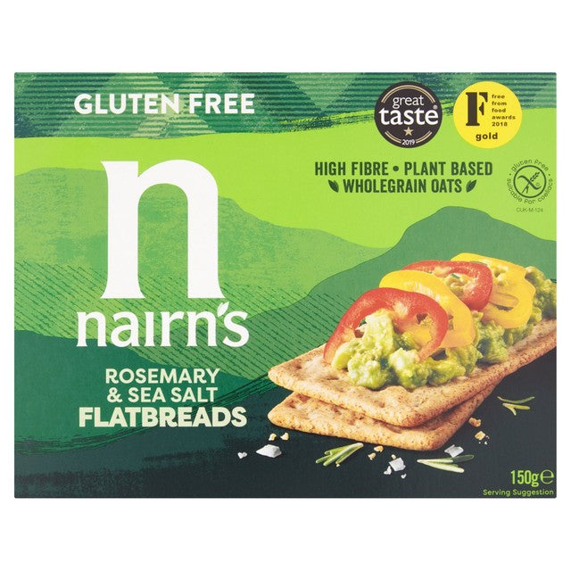 Nairn's gluten free flatbreads rosemary and sea salt 150g, imported from the UK
