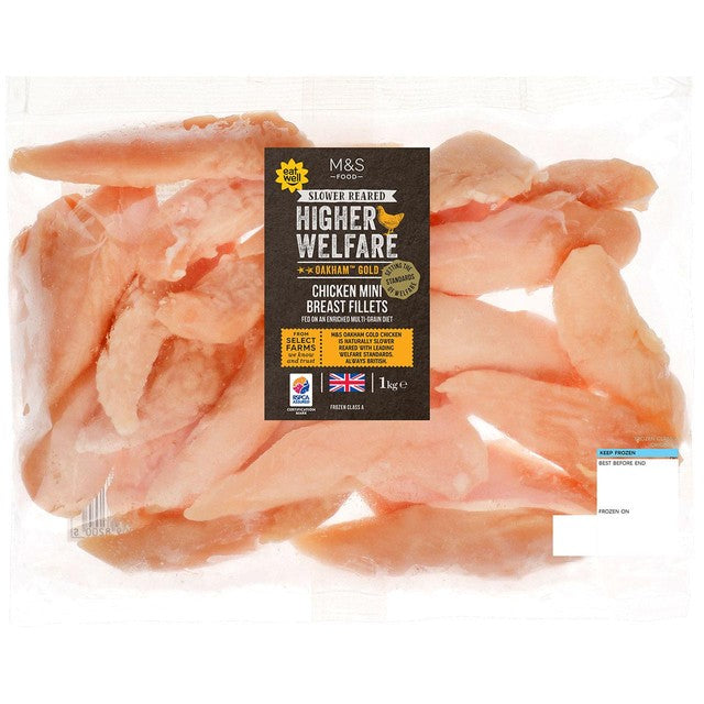 M&S Oakham Gold chicken mini fillets 1kg, imported from the UK