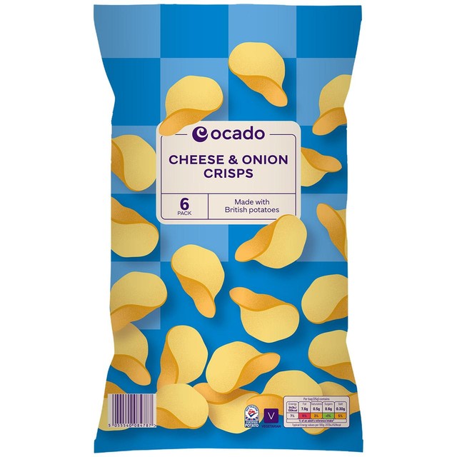 Ocado Cheese and Onion crisps 150g, imported from the UK
