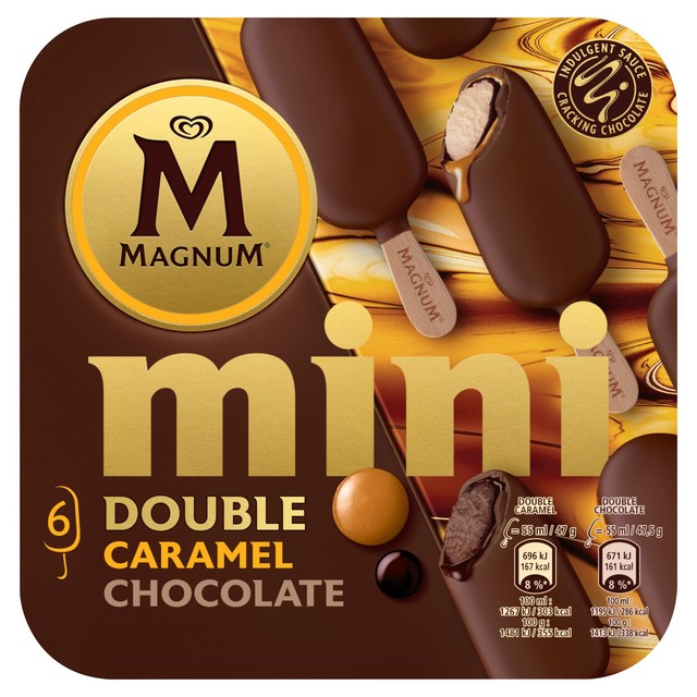 Magnum mini ice cream sticks double chocolate caramel 6x60ml, imported from the UK