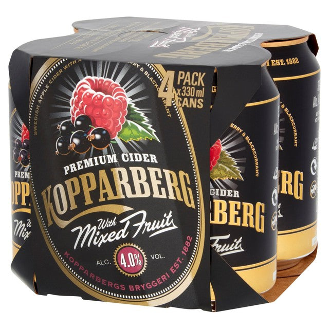 Kopparberg Mixed Fruit Cider with raspberry and blackcurrant flavour in 4 x 330ml cans, UK version