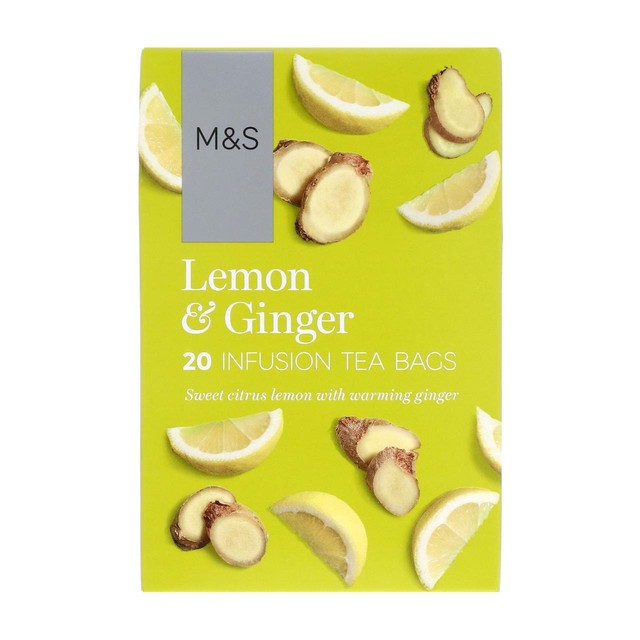 M&S lemon and ginger infusion herbal tea bags 20 tea bags, imported from the UK