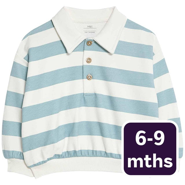 M&S striped rugby long sleeve top blue 6-9 months, imported from the UK
