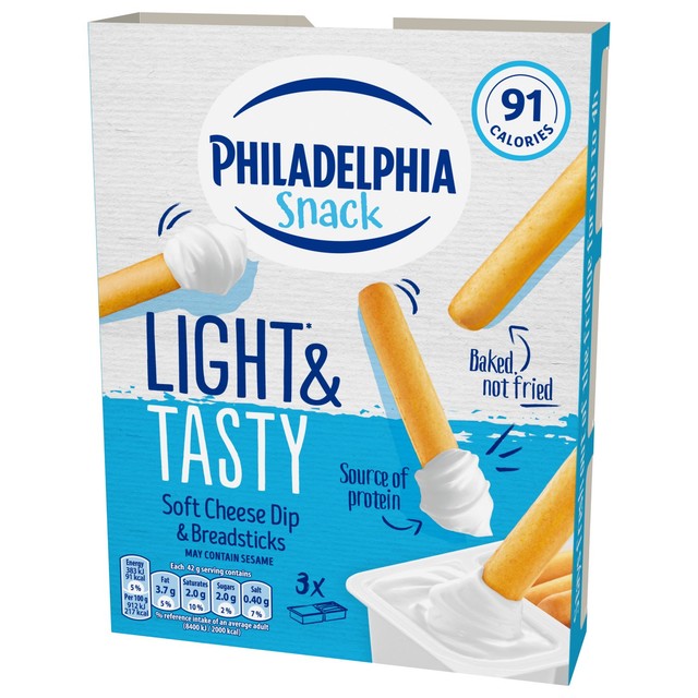 Philadelphia Light cheese dip with breadsticks 3 x 42g, imported from the UK