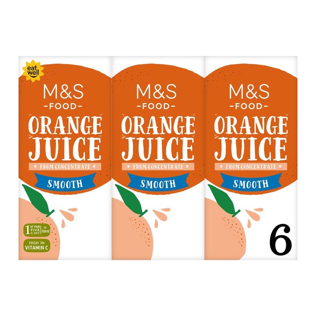 M&S smooth orange juice 6 x 200ml cartons, imported from the UK