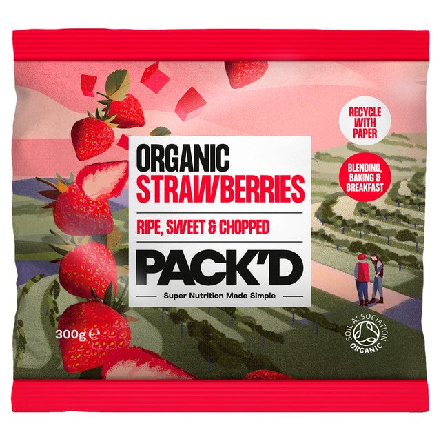 Pack'd organic diced strawberries 300g, imported from the UK