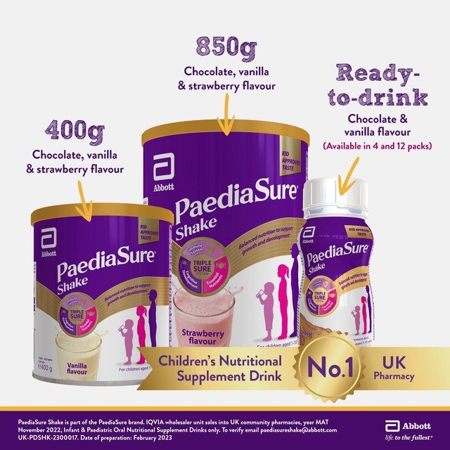PaediaSure chocolate nutritional shake drink 4x200ml bottles, imported from the UK