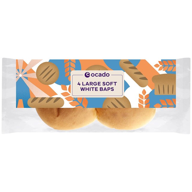 Ocado Large Soft White Baps 4 per Pack, imported from the UK