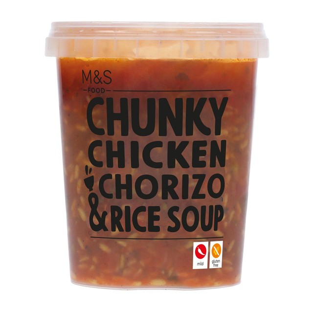 M&S chunky chicken and chorizo soup 600g, imported from the UK