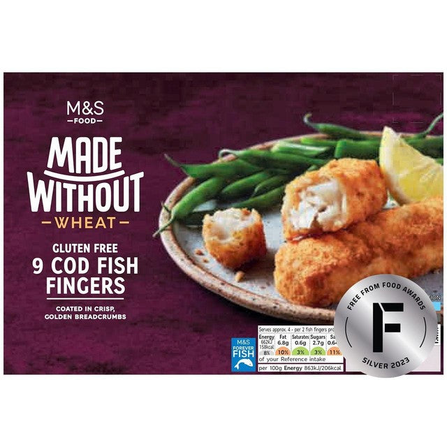 M&S cod fish fingers gluten-free 345g, imported from the UK
