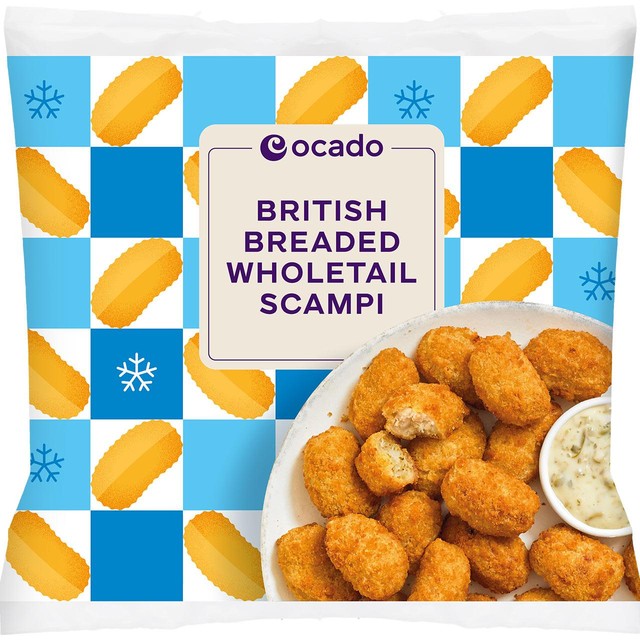 Ocado frozen breaded scampi 280g, imported from the UK