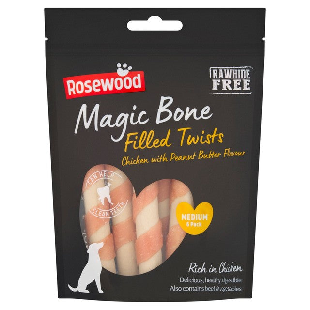 Rosewood Magic Bones chicken twists dog treats 195g, imported from the UK