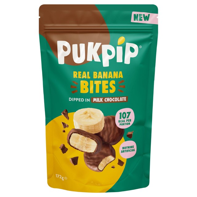 PUKPIP Banana Bites Dipped in Milk Chocolate 172g, imported from the UK