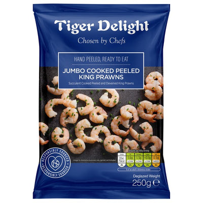 Tiger Delight Jumbo Cooked Peeled King Prawns Frozen Seafood 250g
