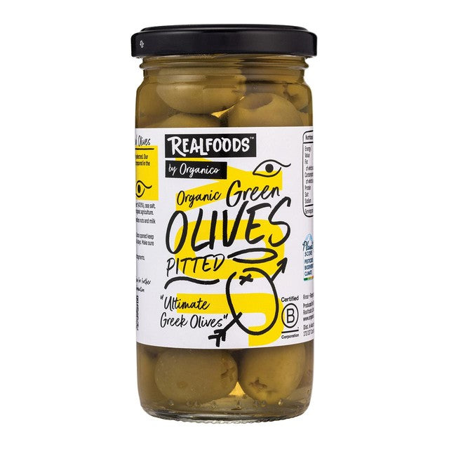 Realfoods green pitted olives 230g, imported from the UK