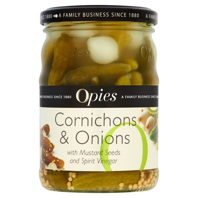 Opies cornichons and onions with mustard seeds pickled vegetables 350g, imported from the UK