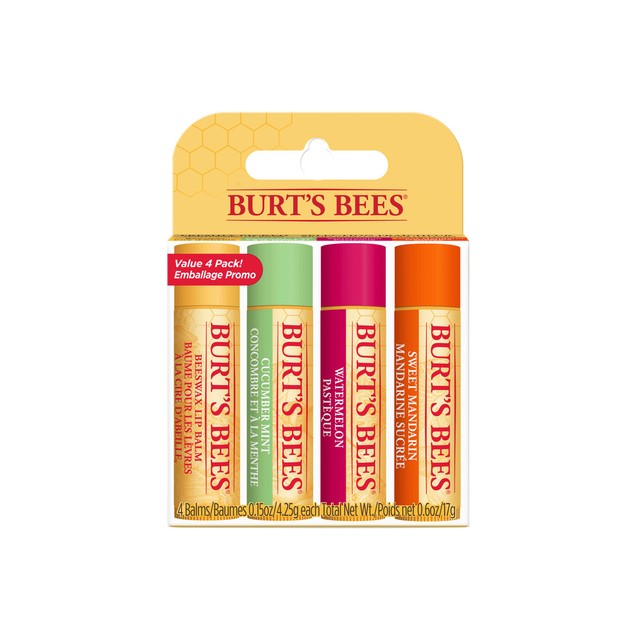 Burt's Bees lip balm multipack with Beeswax, Cucumber Mint, Watermelon, Sweet Mandarin flavours 4 x 4.25g - British product