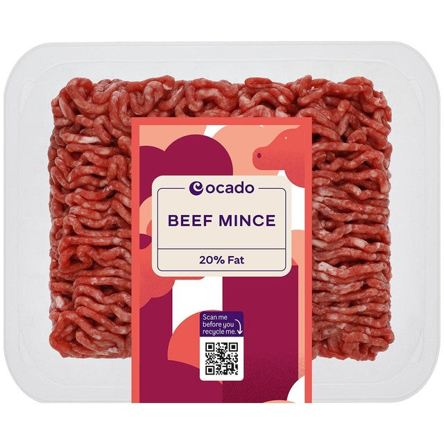 Ocado beef mince 20% fat 500g, imported from the UK