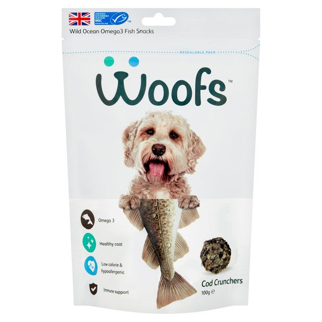Woofs cod crunchers dog treats 100g (British brand)