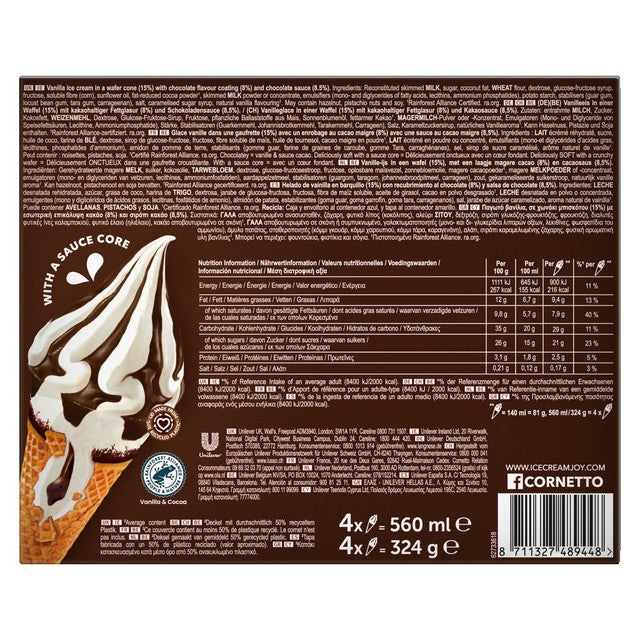 Wall's Cornetto Soft Chocolatey ice cream cones 4 x 140ml - British product