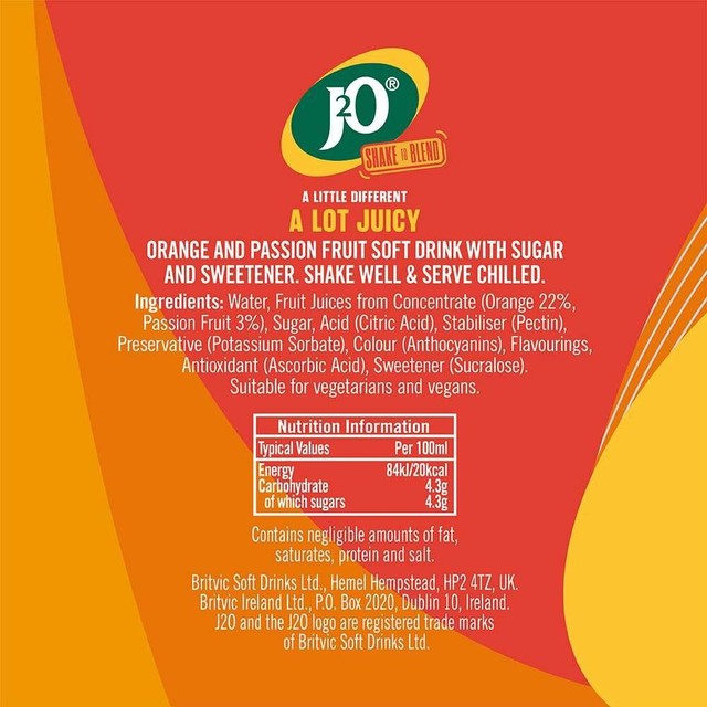 J2O Orange and Passion Fruit soft drink 4 x 275ml bottles, UK version