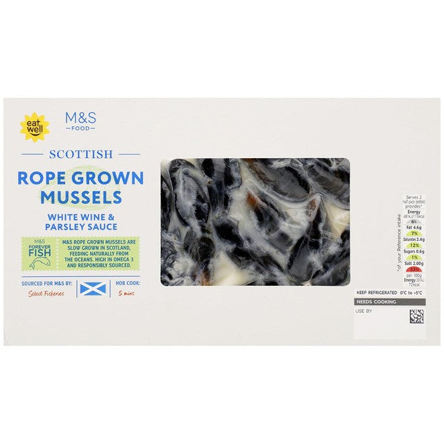 M&S mussels in white wine parsley sauce 500g, imported from the UK