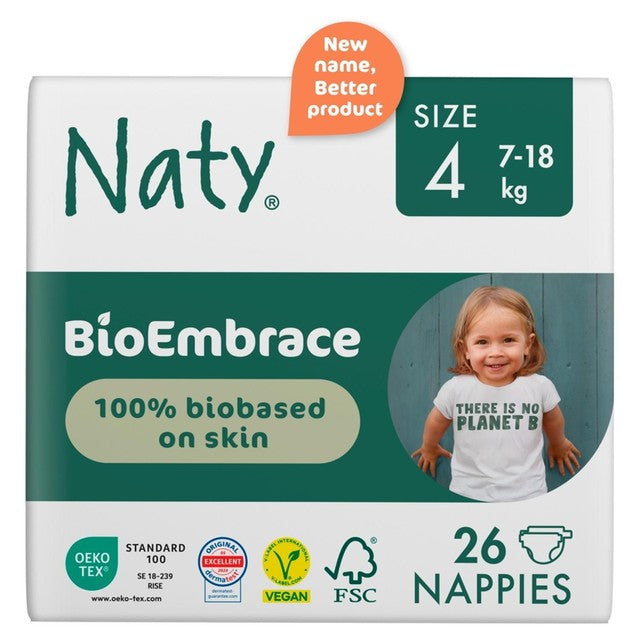 Naty BioEmbrace nappies Size 4 (7-18kg), imported from the UK