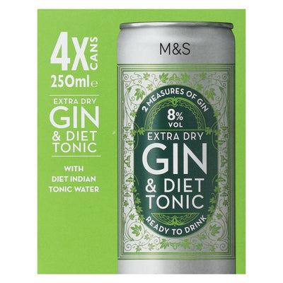 M&S Extra Dry Gin & Diet Tonic Water Ready-to-Drink Alcoholic Mixer 4 x 250ml