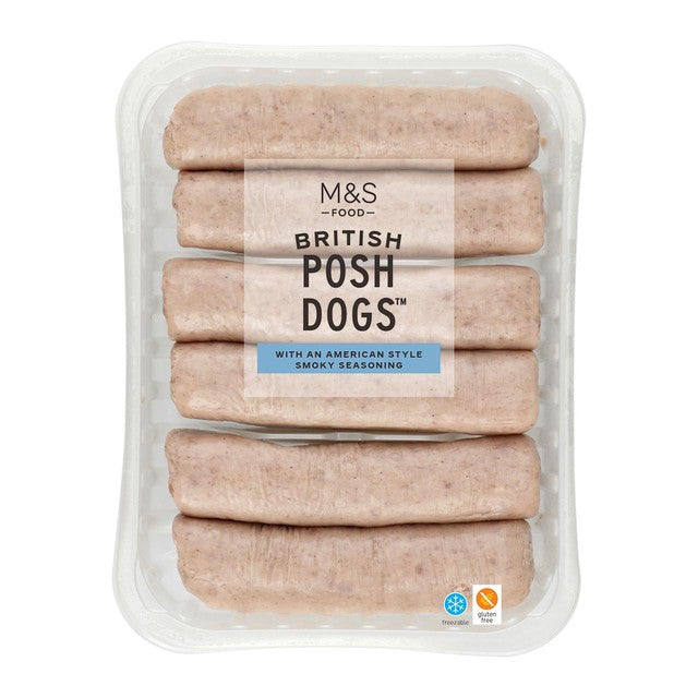 M&S Posh Dogs pork sausages 600g, imported from the UK