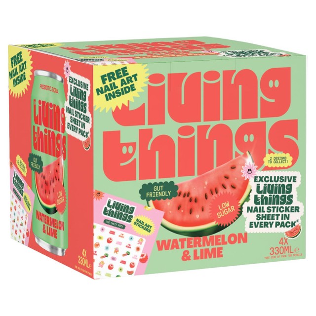 Living Things Watermelon & Lime Biotic Soda 4 x 330ml, UK version