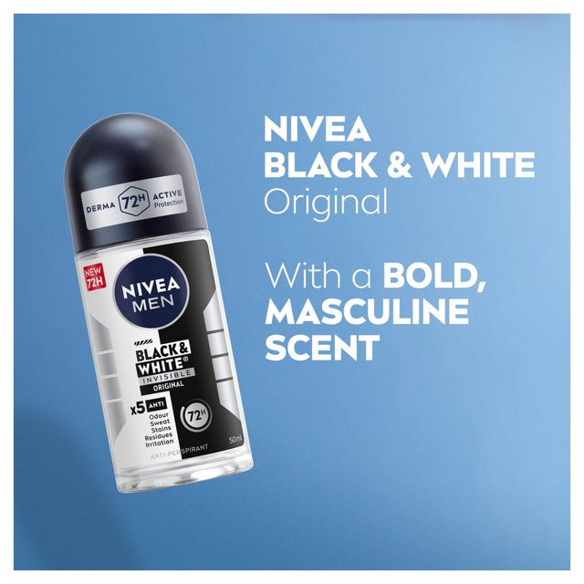 Nivea Black & White Deodorant Roll-On 50ml, imported from the UK