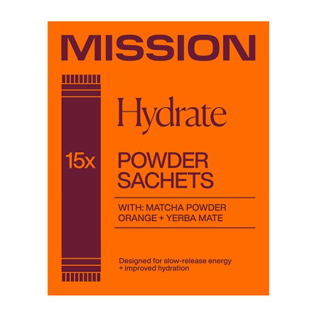 MISSION Hydrate Matcha Powder Sachets with Orange and Yerba Mate, imported from the UK