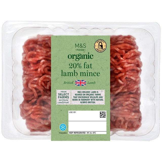 M&S organic lamb mince 20% fat 400g, imported from the UK