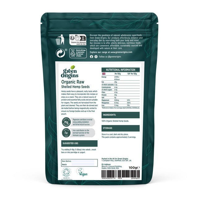 Green Origins organic raw shelled hemp seeds 250g - British product