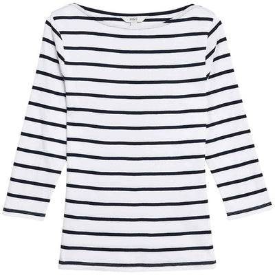 M&S Women's Pure Cotton Slim Fit Top in Mono Stripe, Size 12