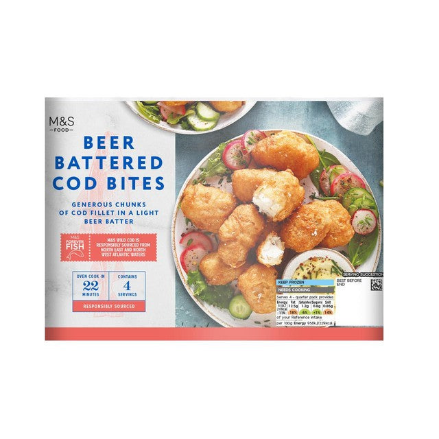 M&S beer battered cod bites 380g, imported from the UK